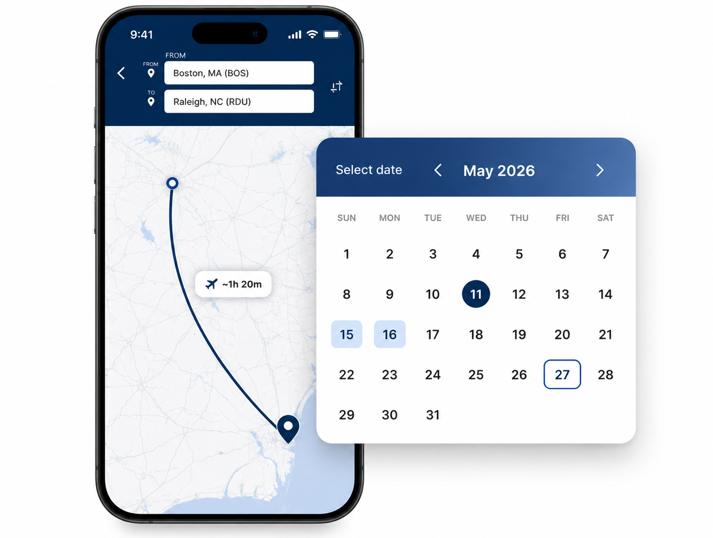 A smartphone showing a flight route on a map and a calendar with dates selected.