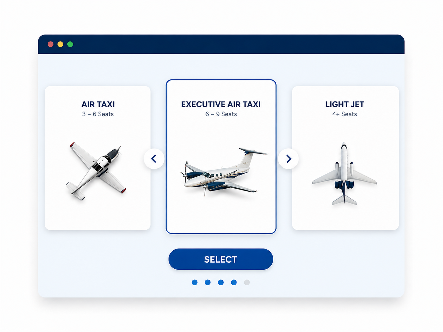 A smartphone screen showing three planes, with a hand selecting one.