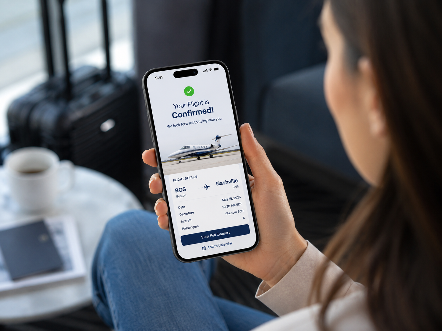 woman reviewing booking confirmation on mobile phone